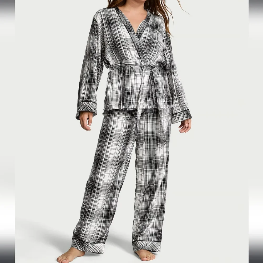 Victoria's Secret Plaid Flannel Wrap Long Pajama Sleepwear Set XL Brand New